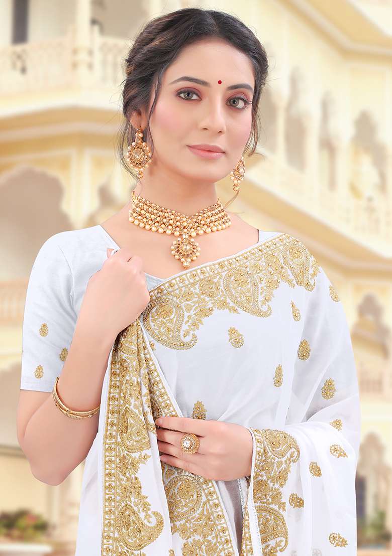 White Georgette Saree Set with Embroidery for Diwali | Wedding & Festive Wear - Indya