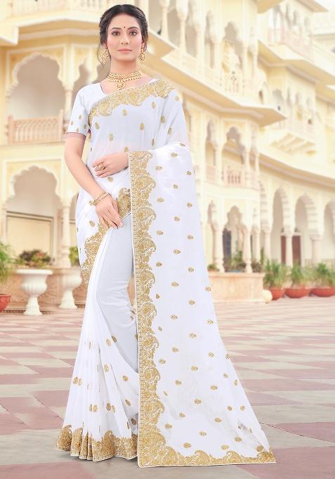 White Embroidery Georgette Saree Set