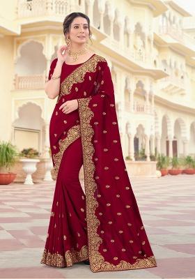 Maroon Embroidery Silk Saree Set