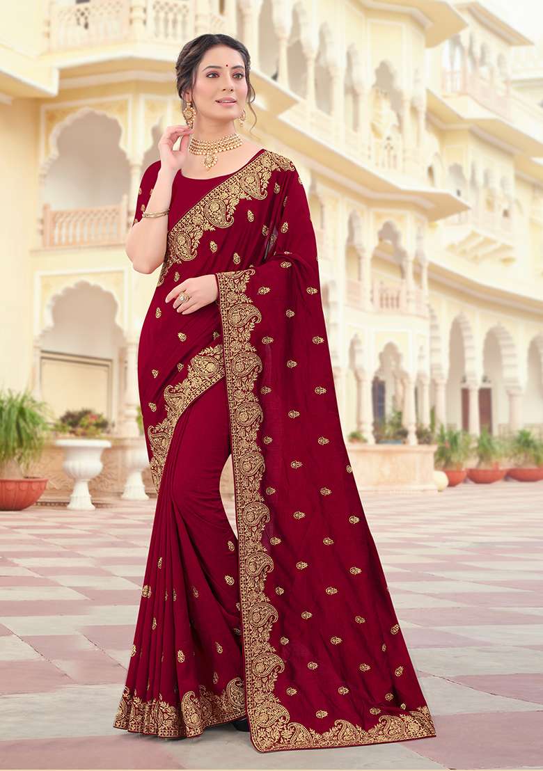 Maroon Silk Saree Set with Embroidery for Diwali | Wedding & Festive Wear - Indya