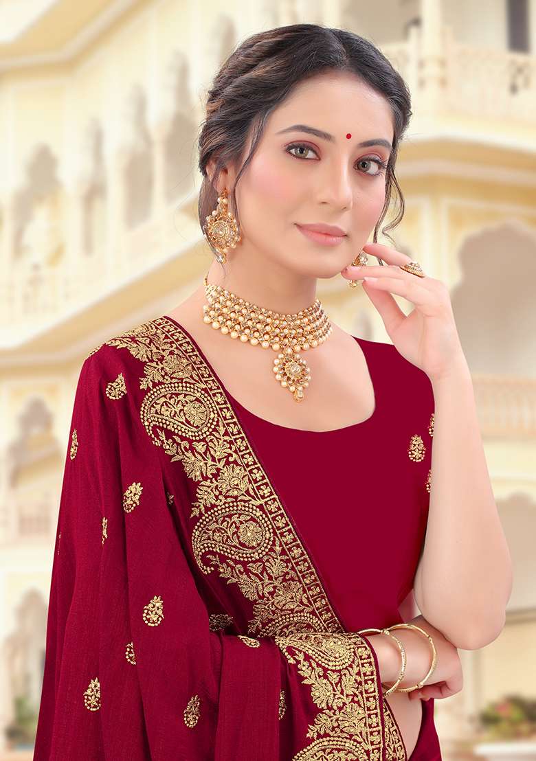 Maroon Silk Saree Set with Embroidery for Diwali | Wedding & Festive Wear - Indya
