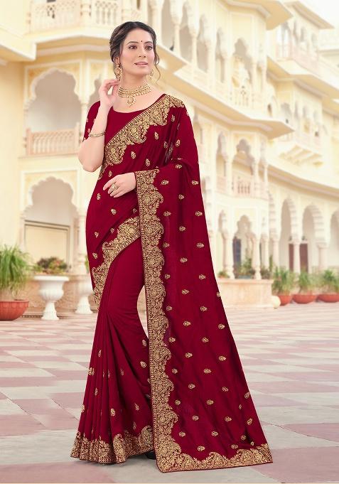 Maroon Embroidery Silk Saree Set