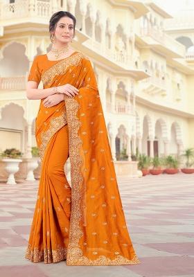 Mustard Embroidery Silk Saree Set