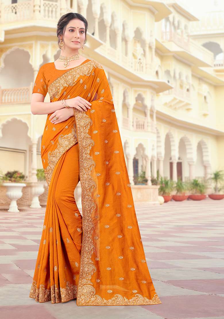 Mustard Silk Blend Saree Set with Embroidery for Diwali | Wedding & Festive Wear - Indya
