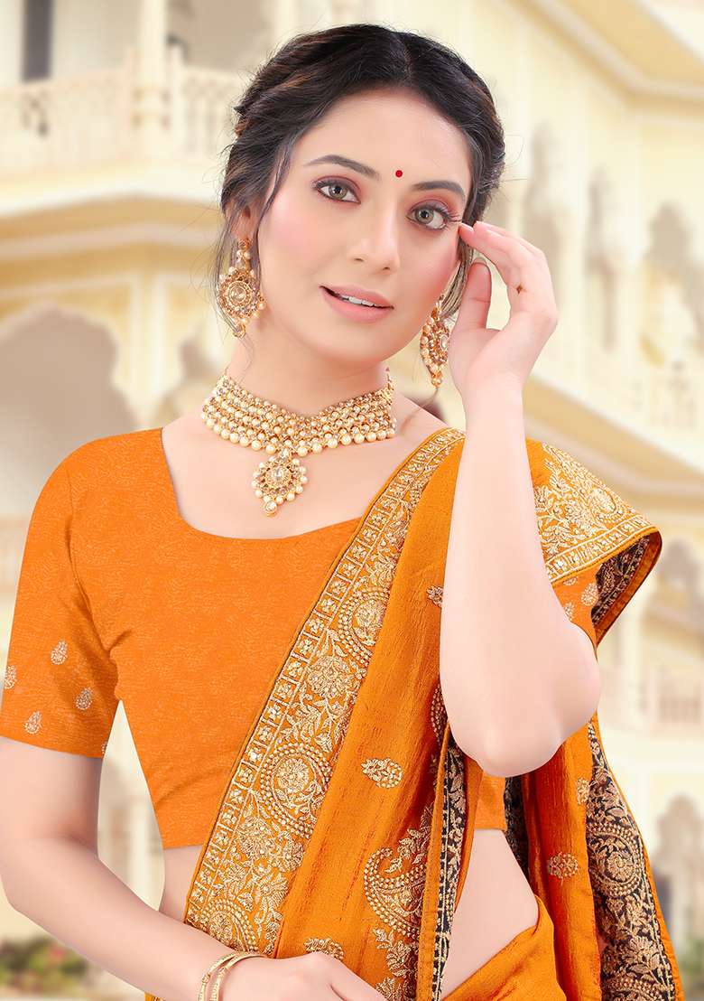 Mustard Silk Blend Saree Set with Embroidery for Diwali | Wedding & Festive Wear - Indya