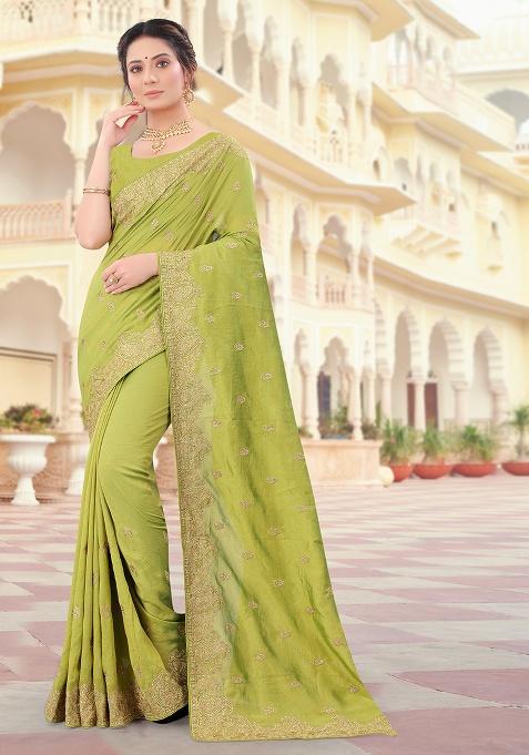 Pista Embroidery Silk Saree Set