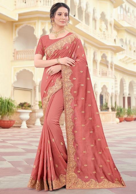 Peach Embroidery Silk Saree Set