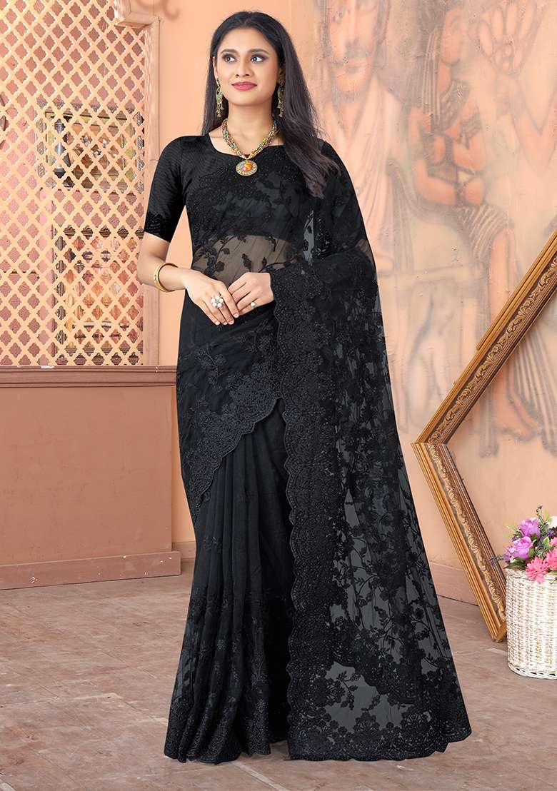 Black Embroidery Net Saree Set for Diwali and Festive Wear - Indya
