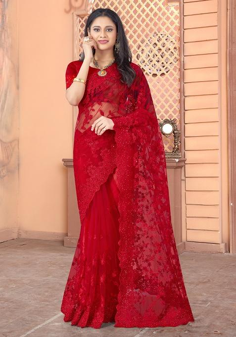 Red Embroidery Net Saree Set