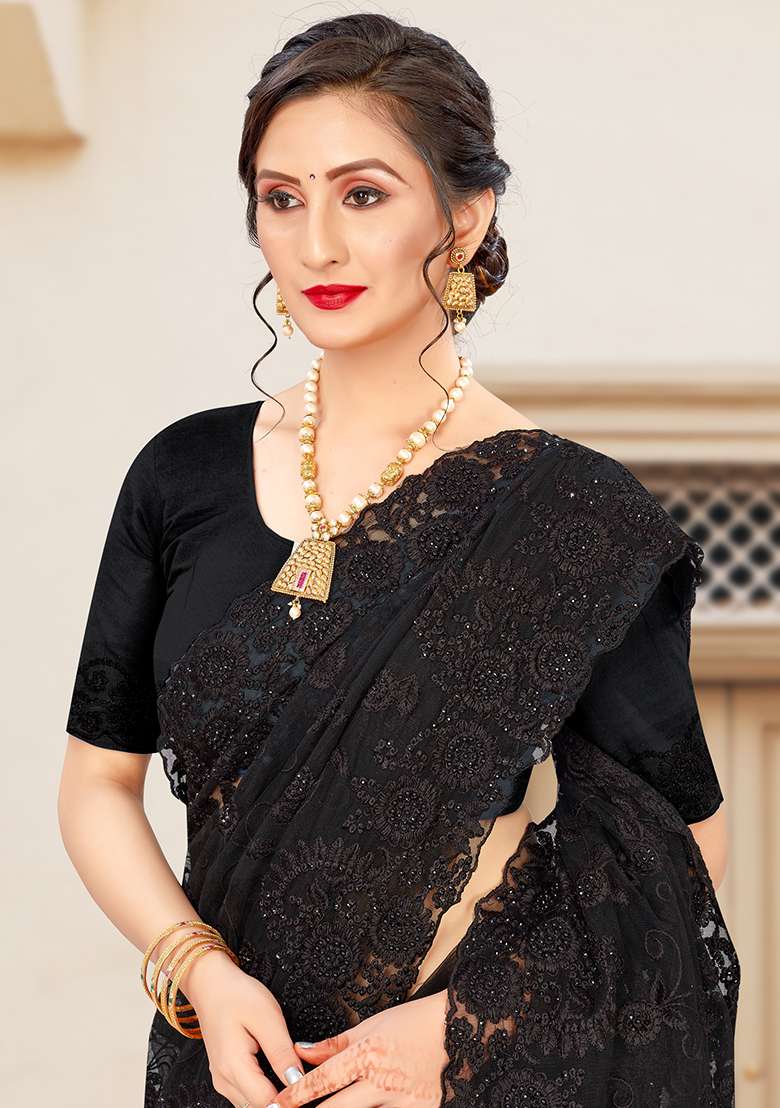 Black Net Saree Set with Embroidery for Diwali | Wedding & Festive Wear - Indya