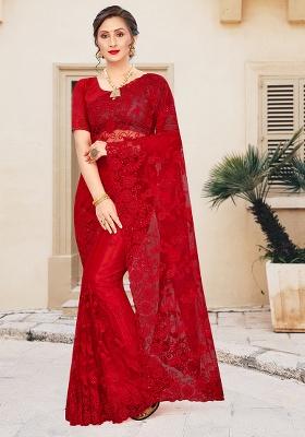Red Embroidery Net Saree Set