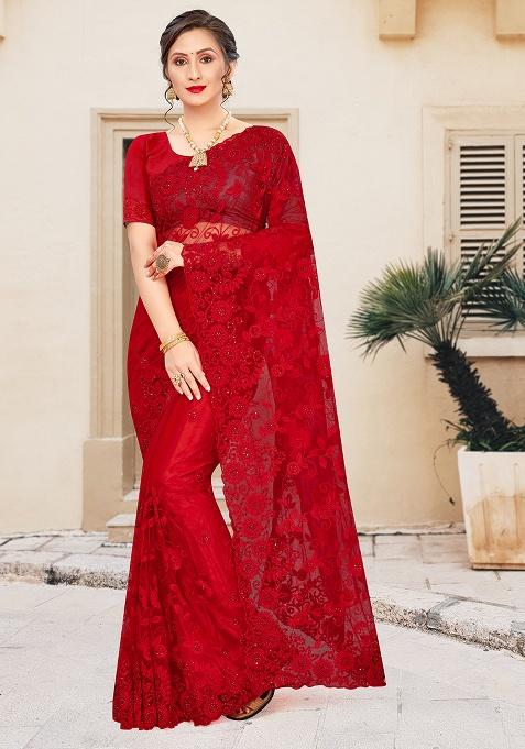 Red Embroidery Net Saree Set