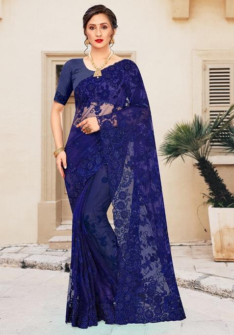 Navy Blue Embroidery Net Saree Set