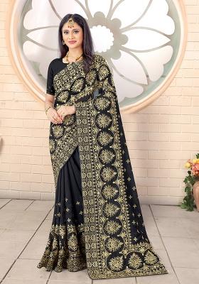 Black Embroidery Silk Saree Set
