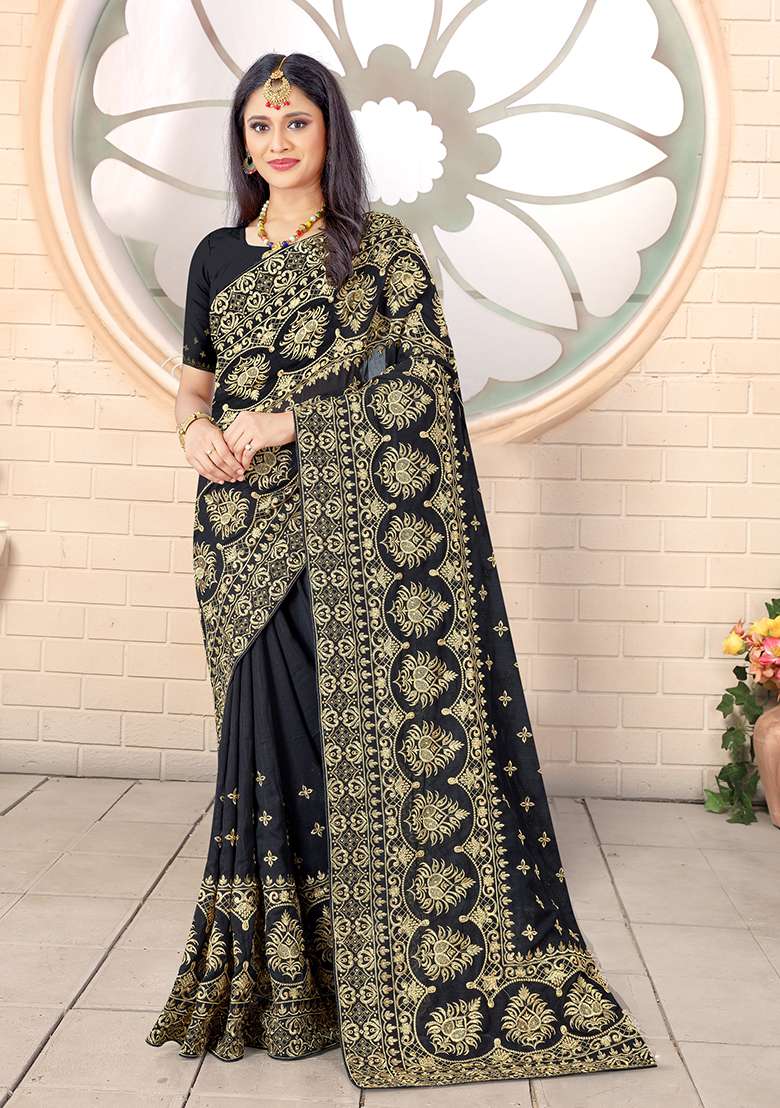 Black Embroidery Silk Blend Saree Set for Diwali and Festive Wear - Indya