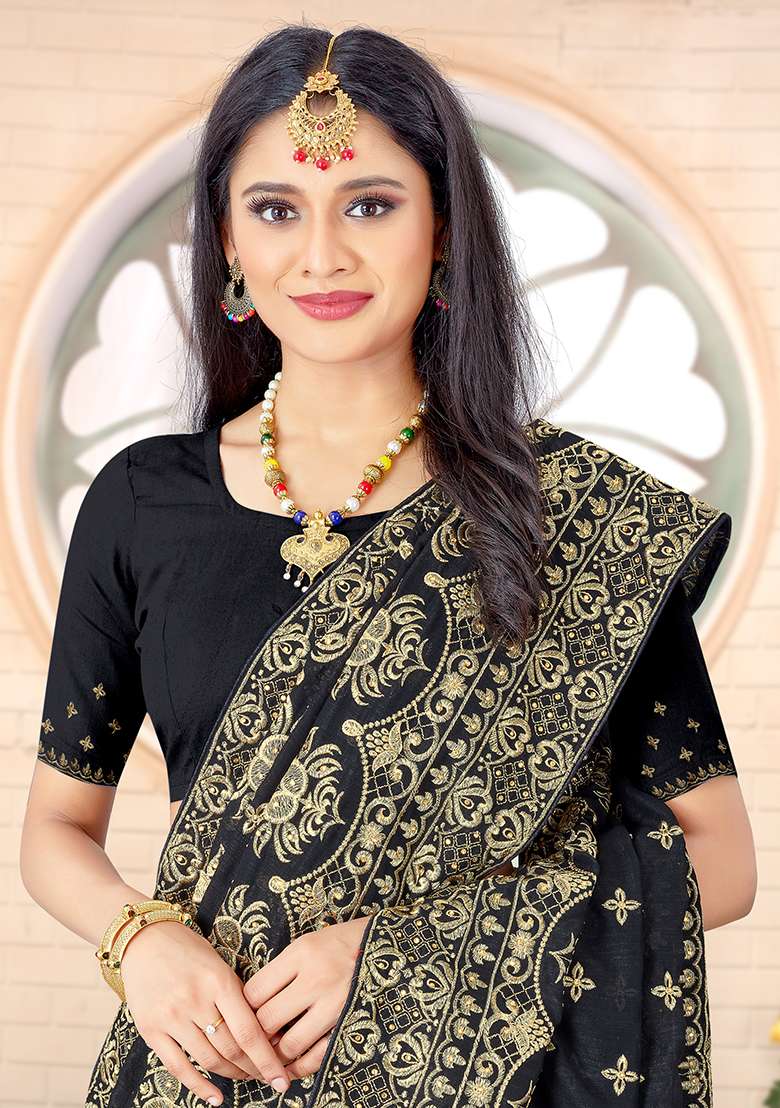 Black Embroidery Silk Blend Saree Set for Diwali and Festive Wear - Indya