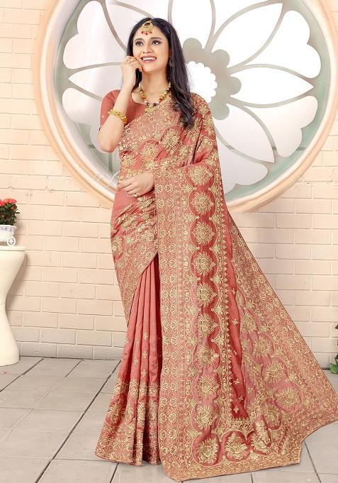 Peach Embroidery Silk Saree Set
