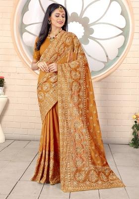 Mustard Embroidery Silk Saree Set