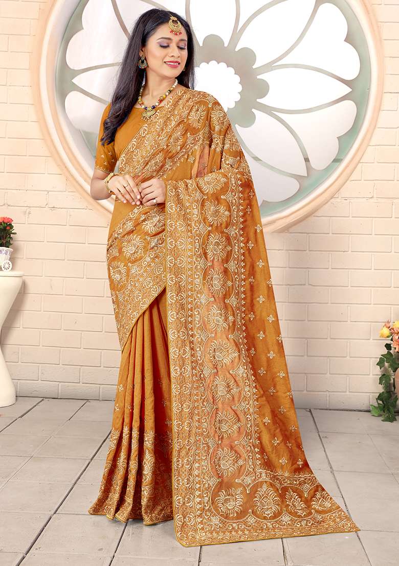 Mustard Silk Blend Saree Set with Embroidery for Diwali | Wedding & Festive Wear - Indya