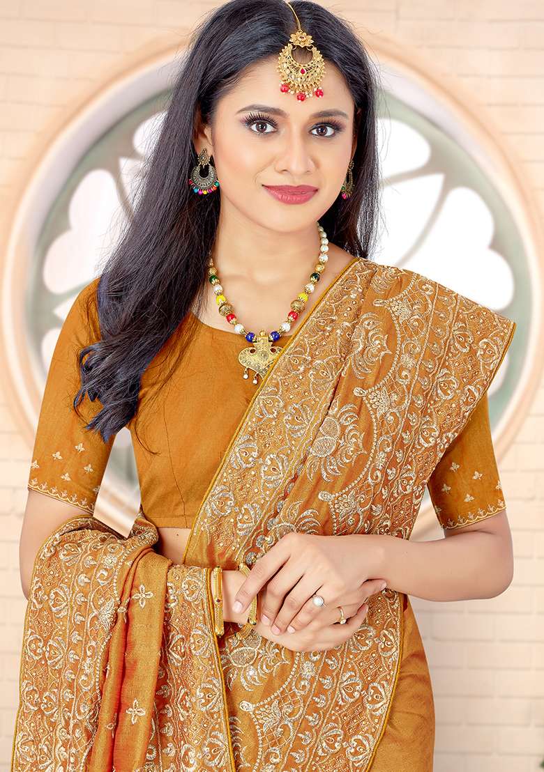 Mustard Silk Blend Saree Set with Embroidery for Diwali | Wedding & Festive Wear - Indya