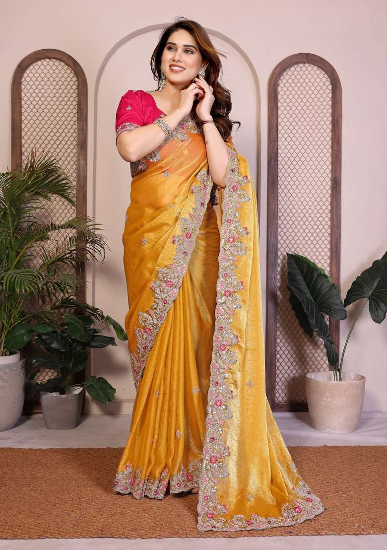 Lime Green Embroidery Chiffon Saree Set for Diwali and Festive Wear - Indya