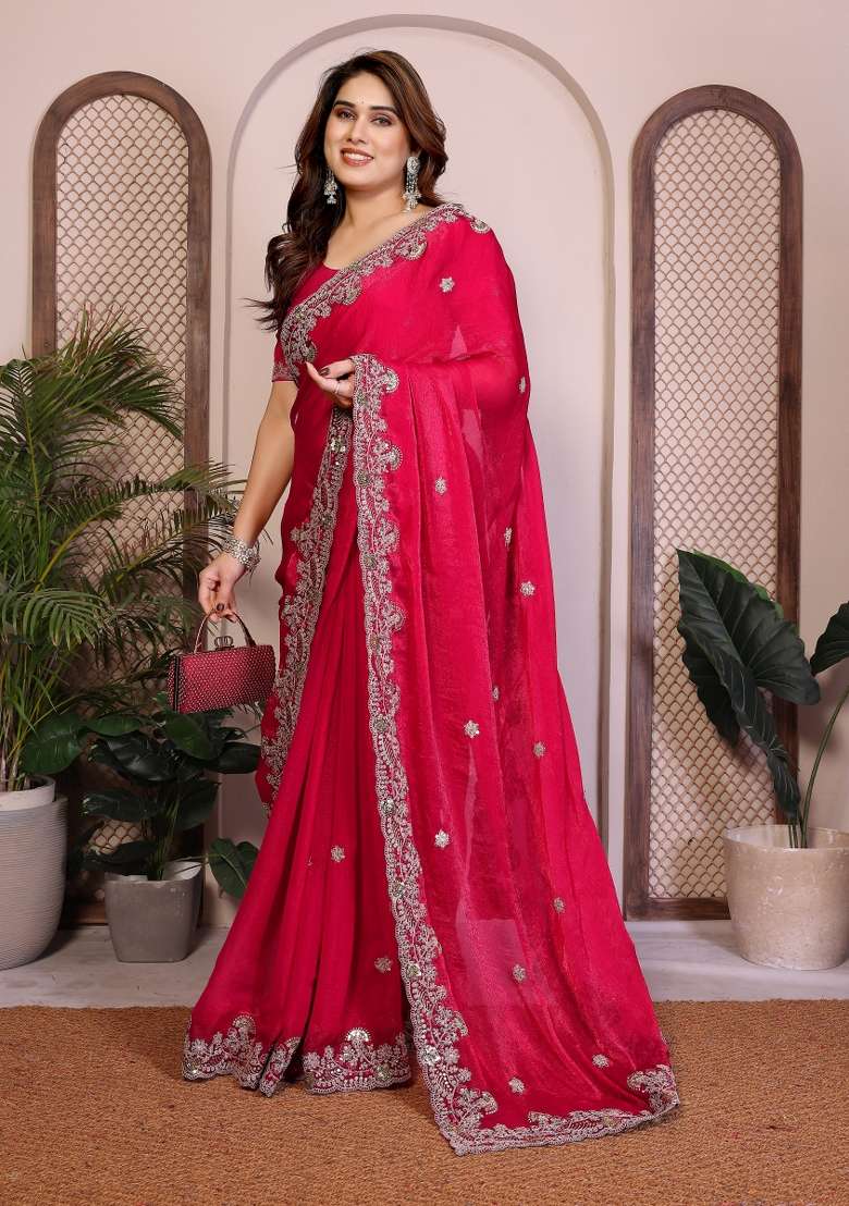 Cream Chiffon Saree Set with Embroidery for Diwali | Wedding & Festive Wear - Indya