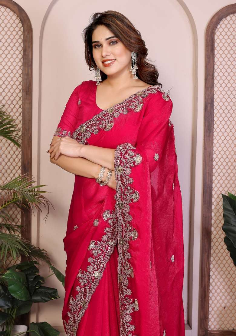 Cream Chiffon Saree Set with Embroidery for Diwali | Wedding & Festive Wear - Indya