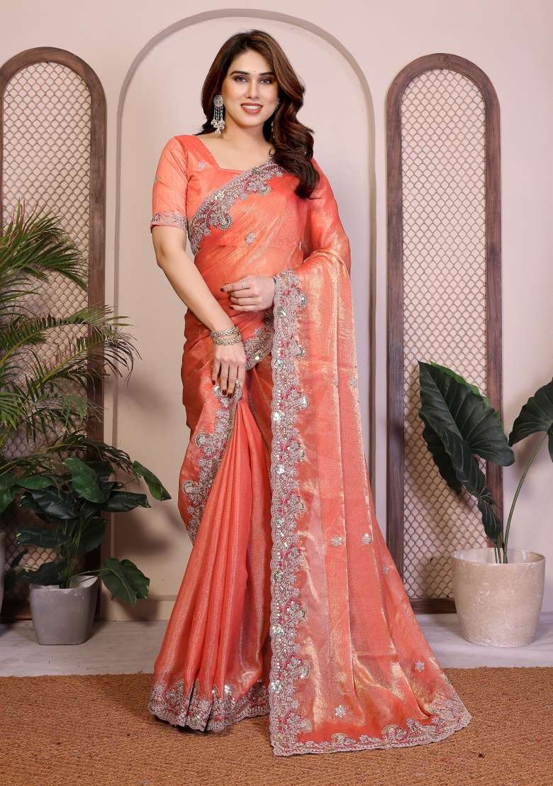 Dusty Pink Embroidery Chiffon Saree Set for Diwali and Festive Wear - Indya