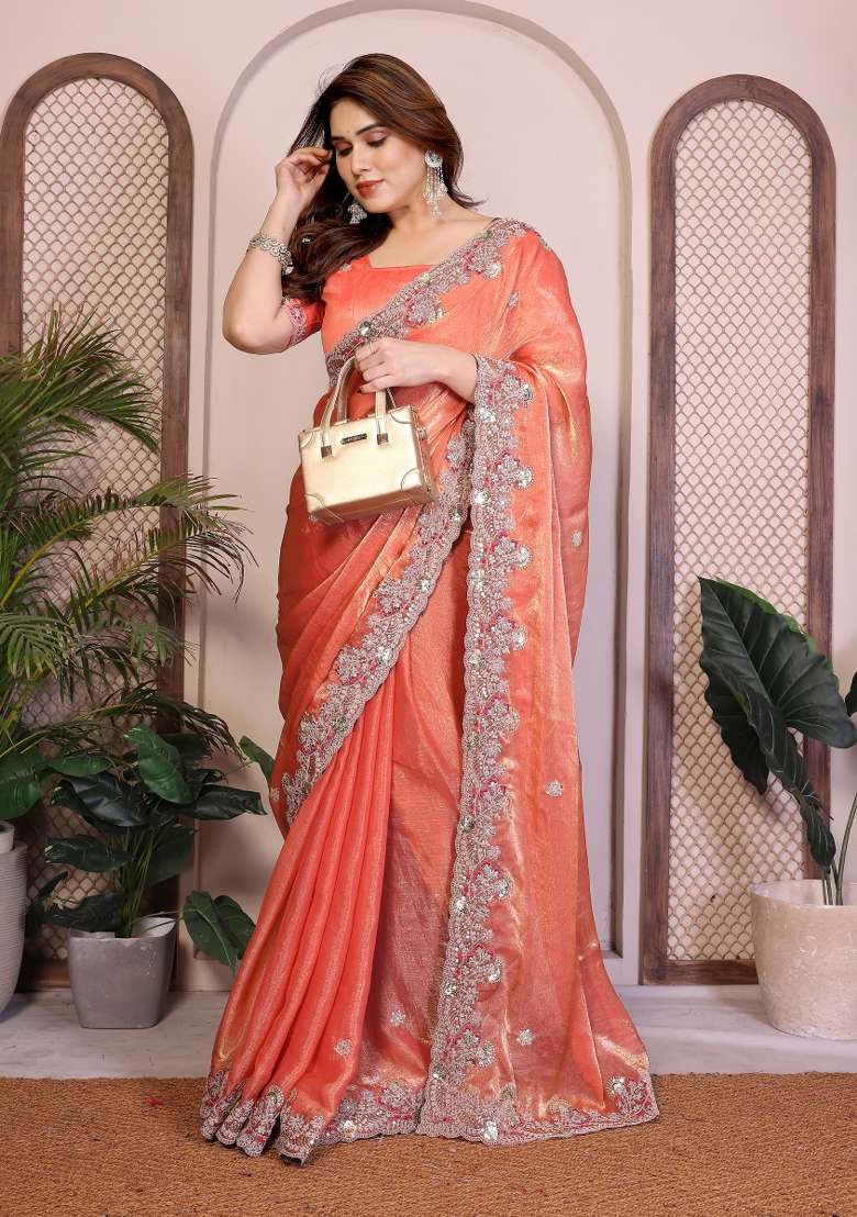 Dusty Pink Embroidery Chiffon Saree Set for Diwali and Festive Wear - Indya