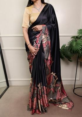 Black Printed Silk Saree Set