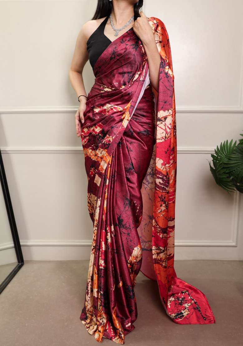 Maroon Printed Silk Blend Saree Set - Indya