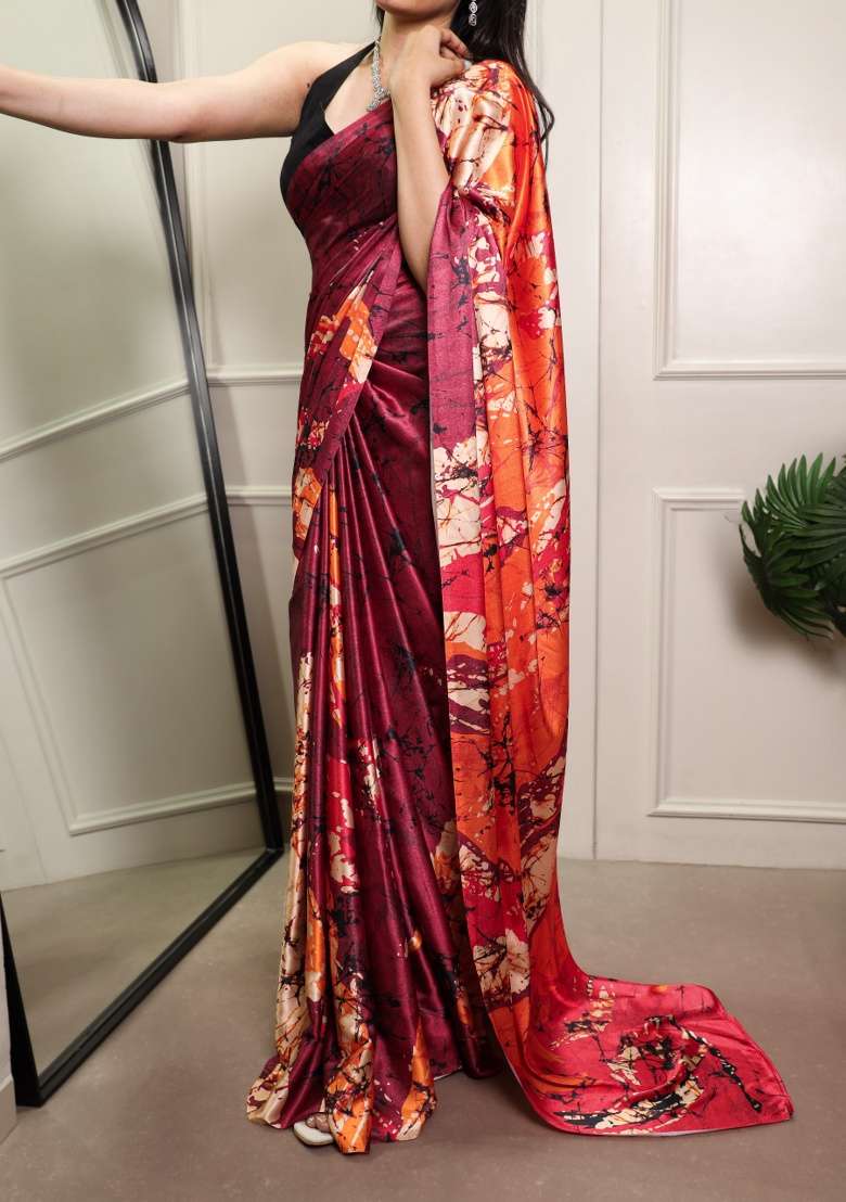 Maroon Printed Silk Blend Saree Set - Indya