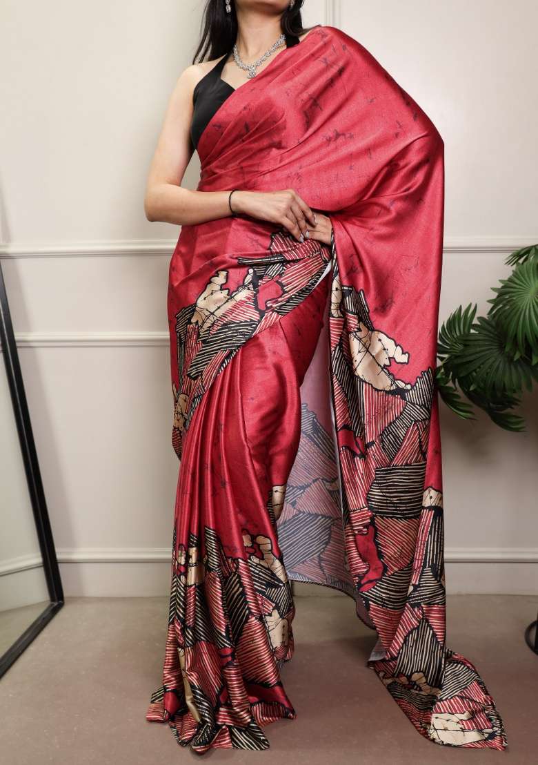 Red Printed Silk Blend Saree Set - Indya