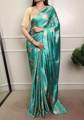 Sea Blue Printed Silk Saree Set