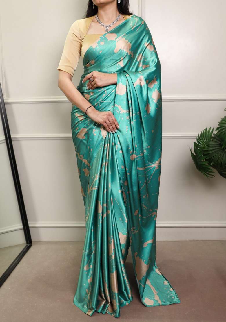 Sea Blue Printed Silk Blend Saree Set - Indya