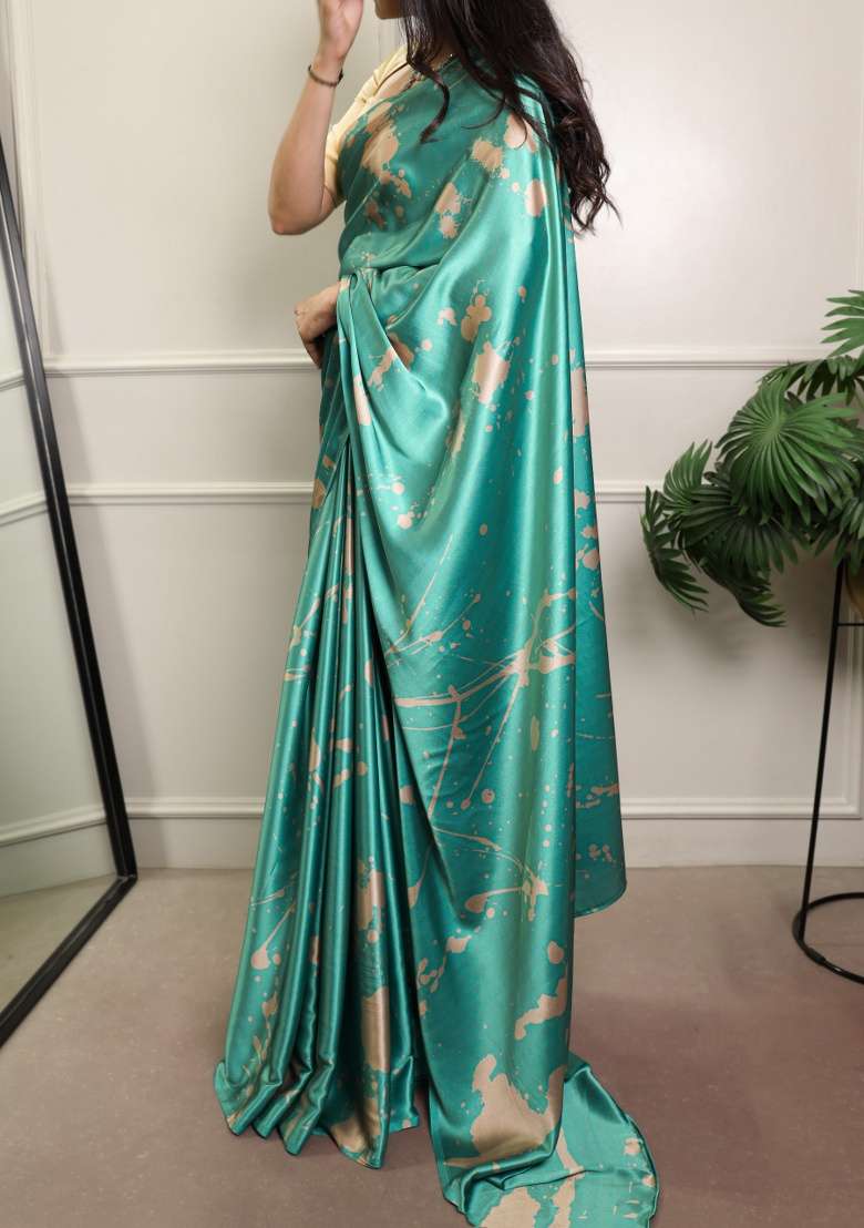 Sea Blue Printed Silk Blend Saree Set - Indya