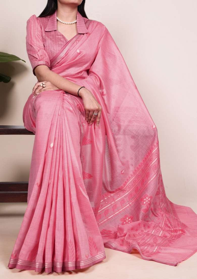 Rose Pink Zari Weaving Silk Blend Saree Set - Indya