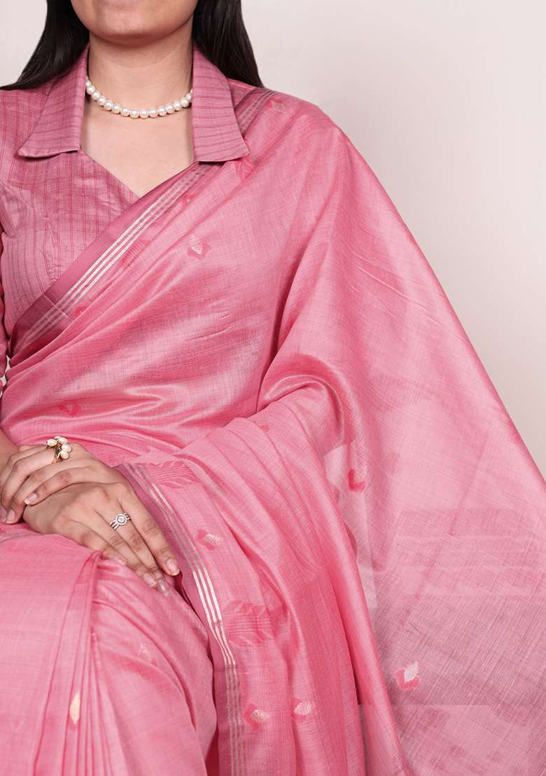 Rose Pink Zari Weaving Silk Blend Saree Set - Indya