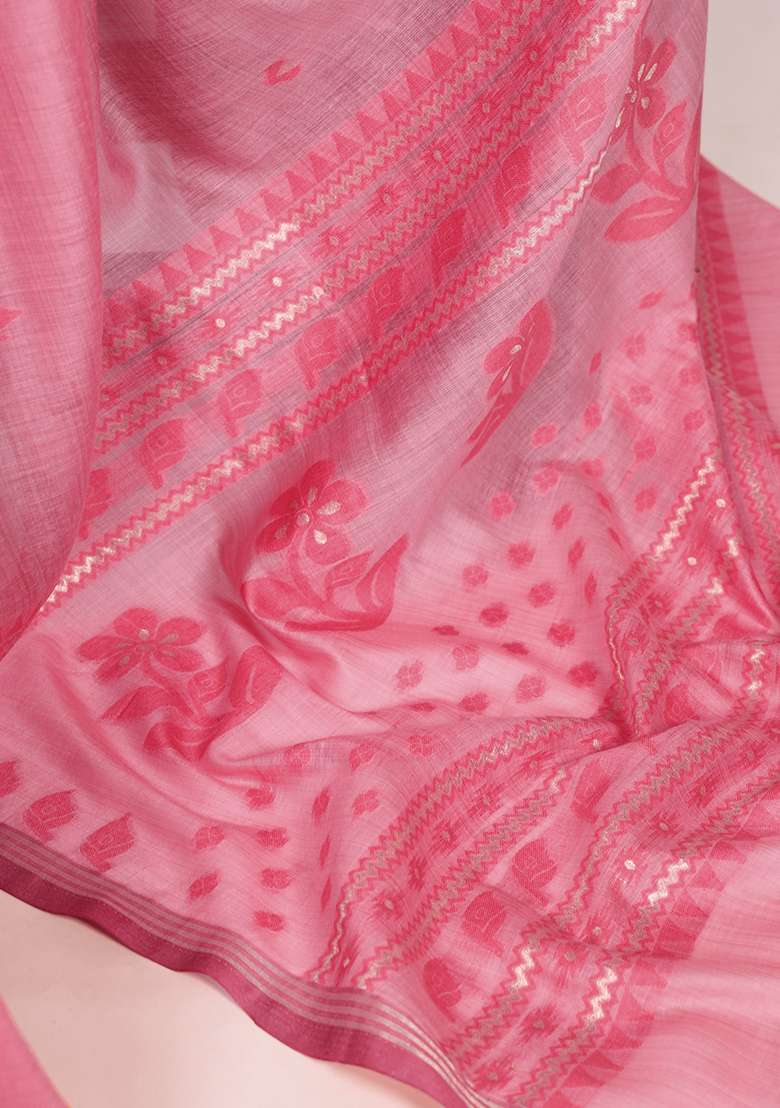 Rose Pink Zari Weaving Silk Blend Saree Set - Indya