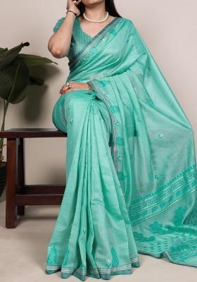 Sea Blue Zari Weaving Silk Saree Set