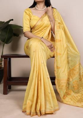 Yellow Zari Weaving Silk Saree Set
