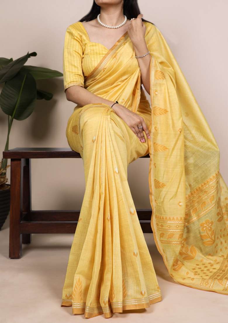 Yellow Zari Weaving Silk Blend Saree Set - Indya