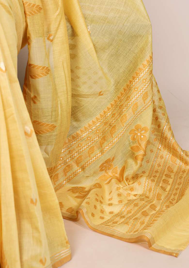 Yellow Zari Weaving Silk Blend Saree Set - Indya