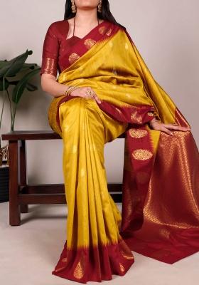 Mustard Zari Weaving Cotton Saree Set