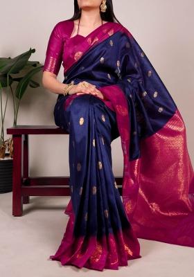 Navy Blue Zari Weaving Cotton Saree Set