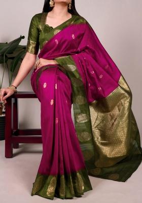 Pink Zari Weaving Cotton Saree Set