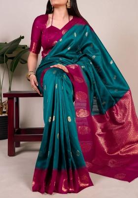Teal Zari Weaving Cotton Saree Set