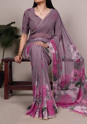 Grey Floral Print Marbal Saree Set