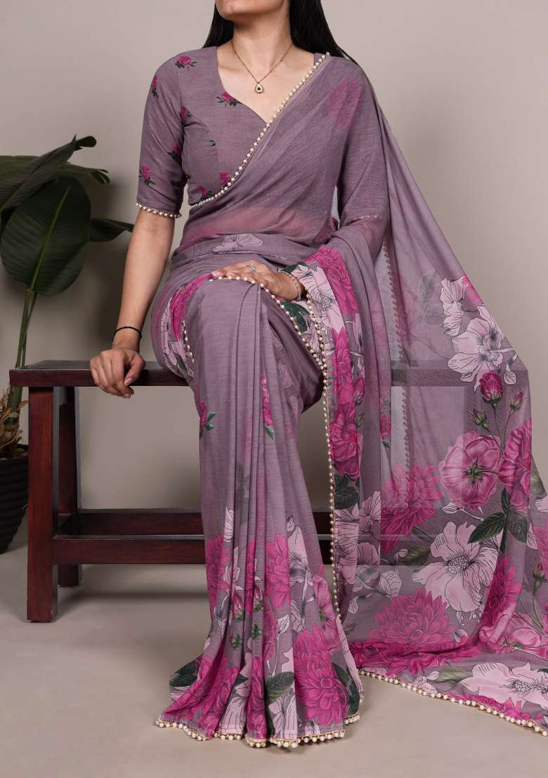 Grey Floral Print Marbal Saree Set - Indya