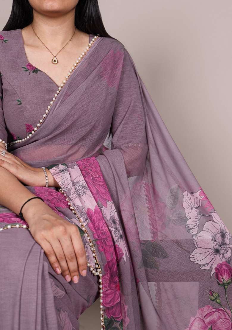 Grey Floral Print Marbal Saree Set - Indya